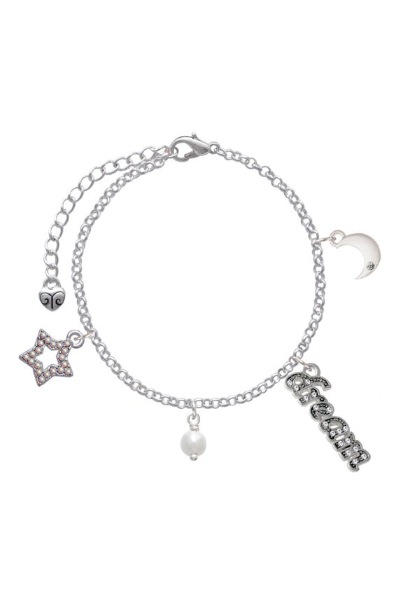 Silvertone 6mm Glass Imitation Pearl Bead Drop Silvertone Dream Big Charm Bracelet, 7.5+2" Extender