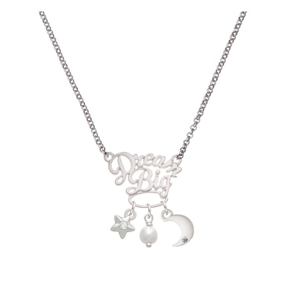 Delight Jewelry Silvertone 6mm Glass Imitation Pearl Bead Drop Silvertone Dream Big Pendant Necklace, 25"