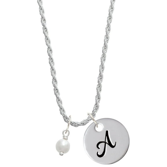 Delight Jewelry Silvertone 6mm Glass Imitation Pearl Bead Drop Silvertone Script Initial Disc - A - Charm Necklace, 20"+3"