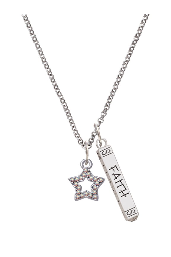 Silvertone AB Crystal Lucky Star Silvertone Believe Faith Prayer Hope Bar Charm Necklace, 23"