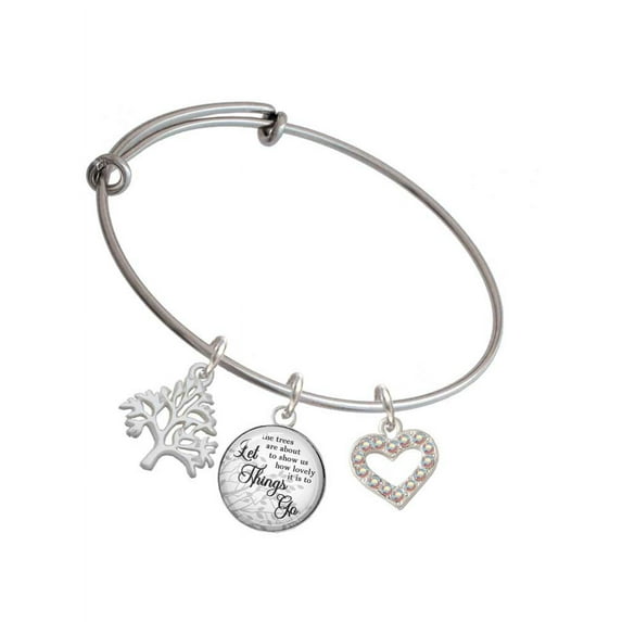 Delight Jewelry Silvertone AB Crystal Open Heart Silvertone Let Things Go Tree Charm Bangle Bracelet