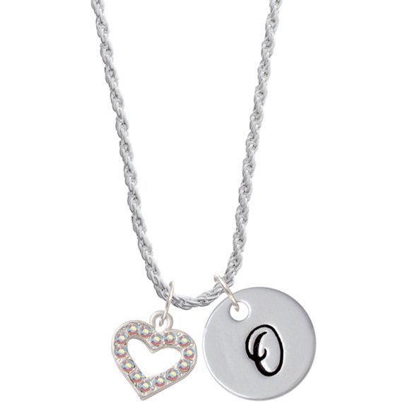 Delight Jewelry Silvertone AB Crystal Open Heart Silvertone Script Initial Disc - O - Charm Necklace, 20"+3"