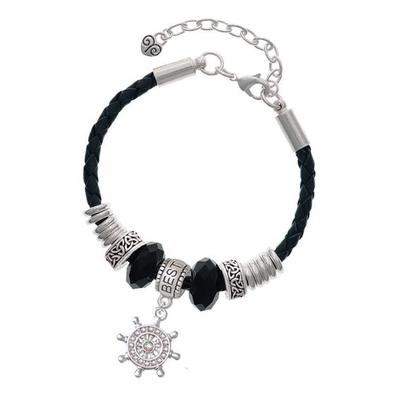 Delight Jewelry Silvertone AB Crystal Ship Wheel - Direction Best Friend Celtic Knot Leather Bead Bracelet, 7"+2" Extender