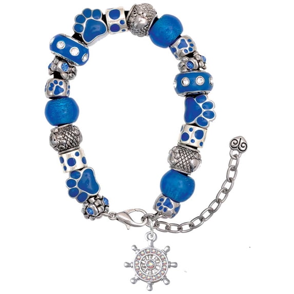 Delight Jewelry Silvertone AB Crystal Ship Wheel - Direction Blue Paw Print Bead Bracelet, 7"+2"
