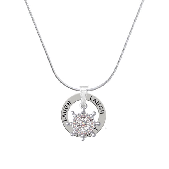 Delight Jewelry Silvertone AB Crystal Ship Wheel - Direction Laugh Ring Charm Necklace, 18"