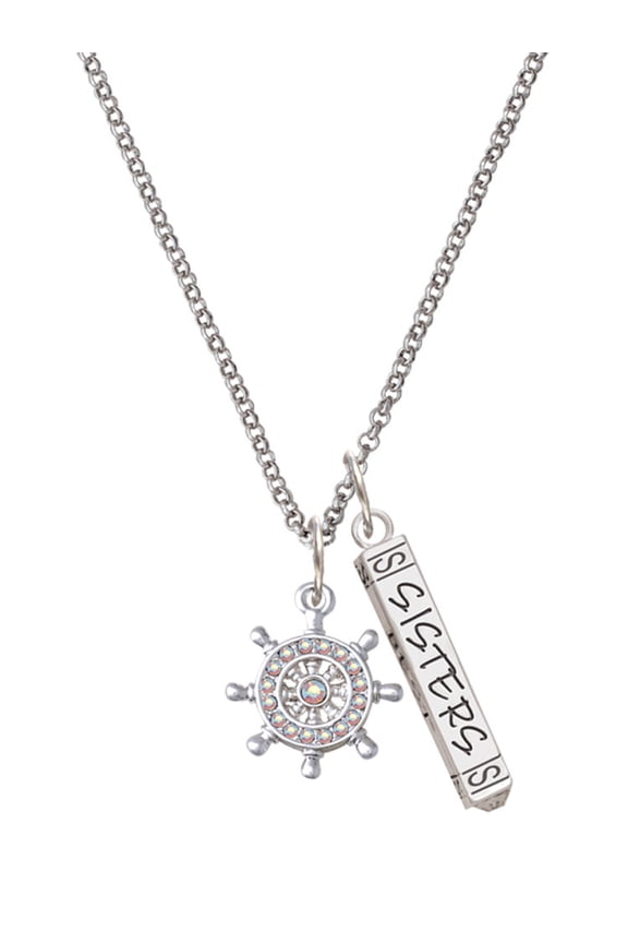 Silvertone AB Crystal Ship Wheel - Direction Silvertone Sisters Best Friends Forever Bar Charm Necklace, 23"