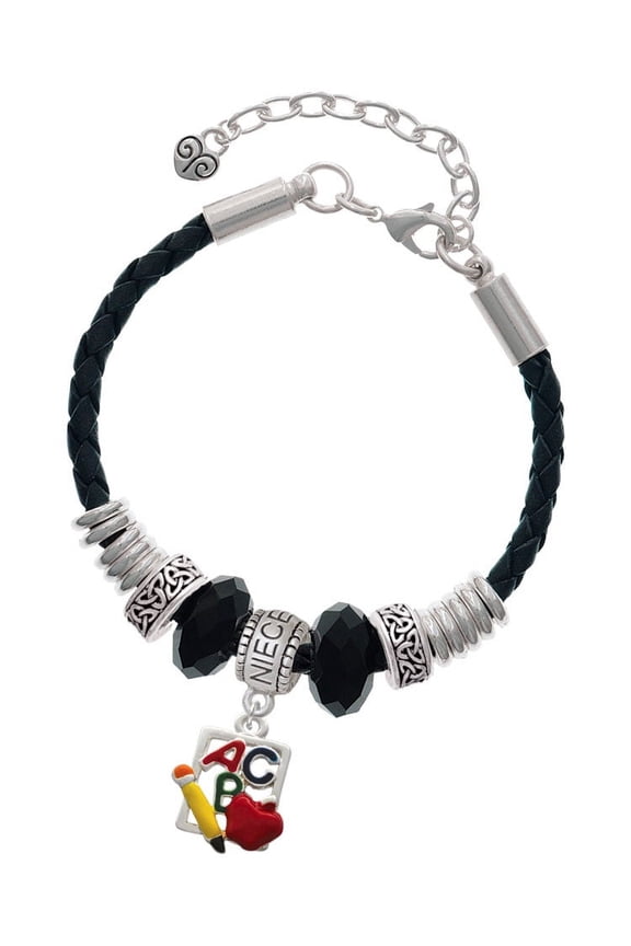 Silvertone ABC Cutout School Slate Niece Celtic Knot Leather Bead Bracelet, 7"+2" Extender