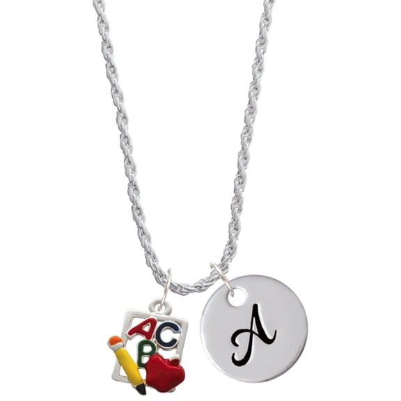 Delight Jewelry Silvertone ABC Cutout School Slate Silvertone Script Initial Disc - A - Charm Necklace, 20"+3"