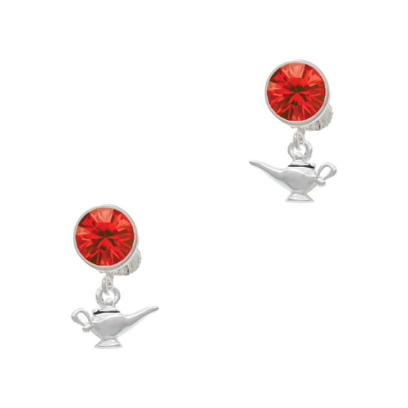Delight Jewelry Silvertone Aladdin's Lamp Red Crystal Clip on Earrings