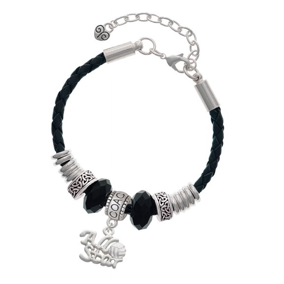 Delight Jewelry Silvertone All Star - Volleyball Coach Celtic Knot Leather Bead Bracelet, 7"+2" Extender