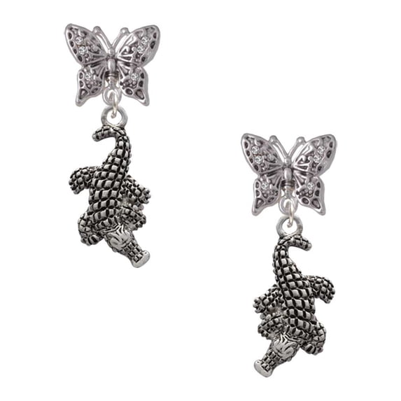 Delight Jewelry Silvertone Alligator Silvertone Antiqued Butterfly Post Earrings