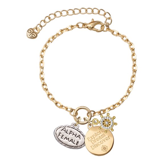 Delight Jewelry Silvertone Alpha Female Oval Goldtone Discover Dream Explore Zoey Charm Bracelet, 6.5+2" Extender
