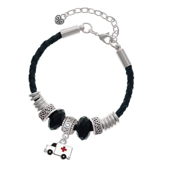 Delight Jewelry Silvertone Ambulance with Cross Mom Celtic Knot Leather Bead Bracelet, 7"+2" Extender