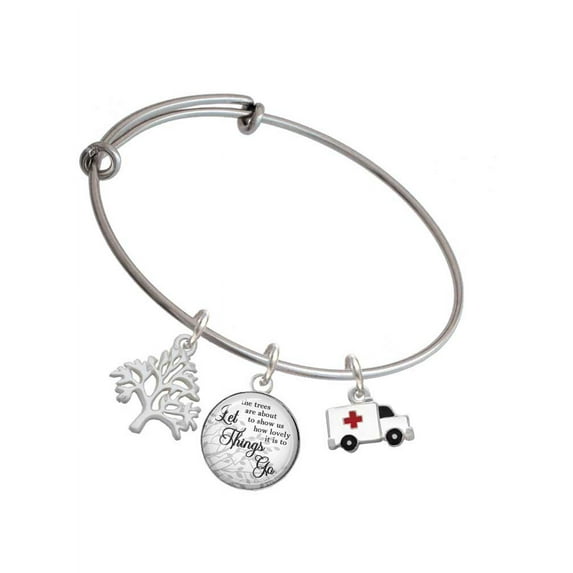 Delight Jewelry Silvertone Ambulance with Cross Silvertone Let Things Go Tree Charm Bangle Bracelet