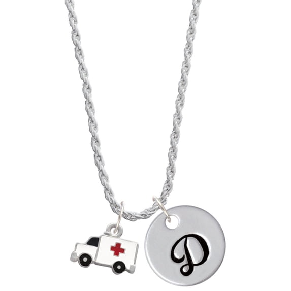 Delight Jewelry Silvertone Ambulance with Cross Silvertone Script Initial Disc - D - Charm Necklace, 20"+3"