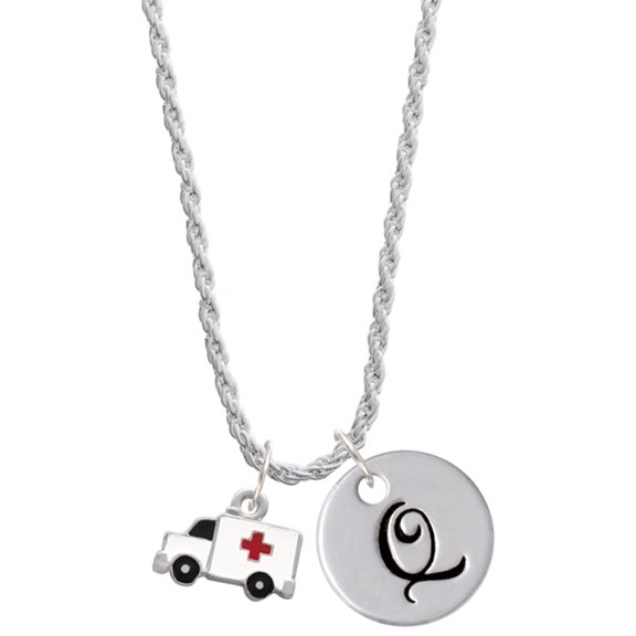 Delight Jewelry Silvertone Ambulance with Cross Silvertone Script Initial Disc - Q - Charm Necklace, 20"+3"