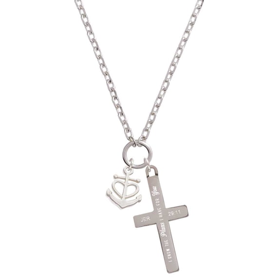 Delight Jewelry Silvertone Anchor with Heart I Have Plans for You Engraved Cross Zoey Necklace, 28"