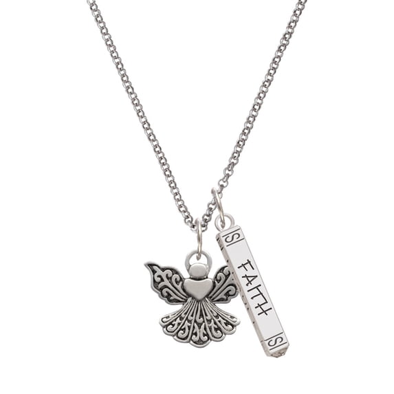 Delight Jewelry Silvertone Angel with Heart Silvertone Believe Faith Prayer Hope Bar Charm Necklace, 23"