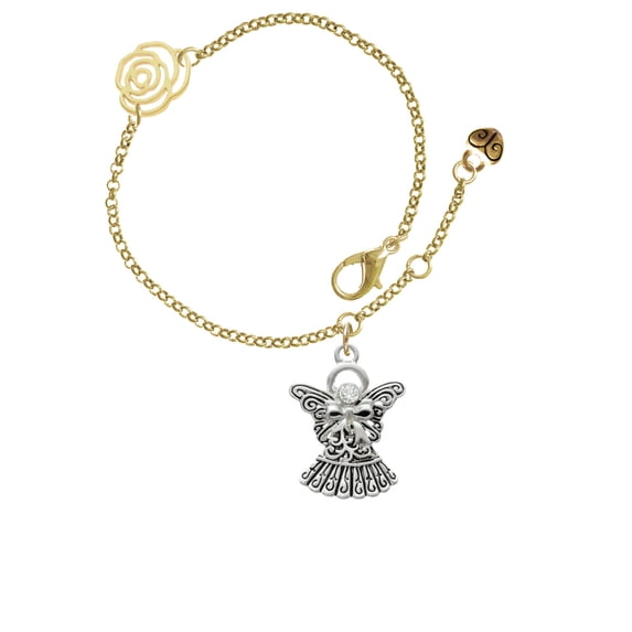 Delight Jewelry Silvertone Antiqued Angel with Bow & Crystal Gold-tone Rose Link Chain Bracelet, 6.25"+1.75" Extender
