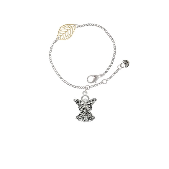 Delight Jewelry Silvertone Antiqued Angel with Bow & Crystal - Goldtone Leaf Delicate Bracelet, 6.25+1.75"
