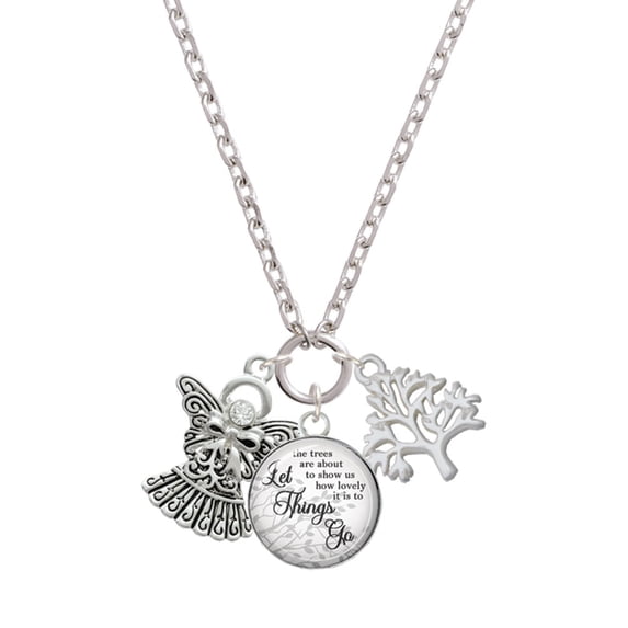Delight Jewelry Silvertone Antiqued Angel with Bow & Crystal Let Things Go Fall Zoey Charm Necklace, 28"