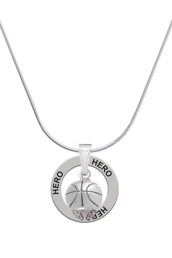 Silvertone Antiqued Basketball Spinner Hero Ring Charm Necklace, 18"