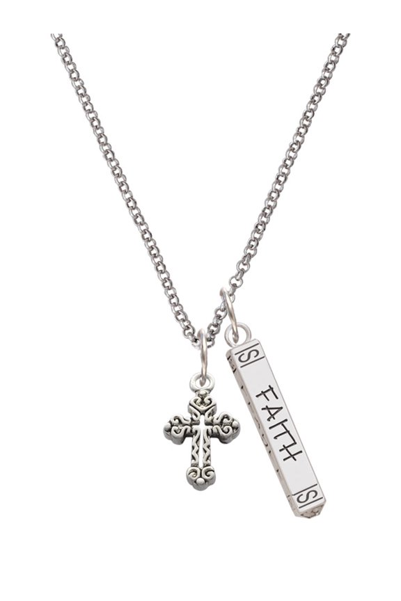 Silvertone Antiqued Budded Cross Silvertone Believe Faith Prayer Hope Bar Charm Necklace, 23"