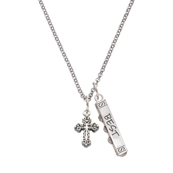 Delight Jewelry Silvertone Antiqued Budded Cross Silvertone Best Friends Forever Bar Charm Necklace, 23"