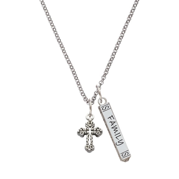 Delight Jewelry Silvertone Antiqued Budded Cross Silvertone Family Bar Charm Necklace, 23"