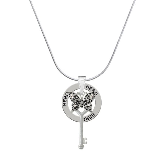 Delight Jewelry Silvertone Antiqued Butterfly Key with AB Crystals Hero Ring Charm Necklace, 18"