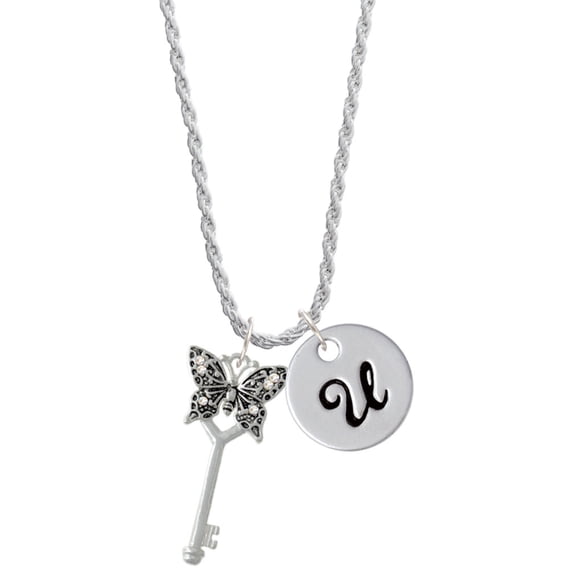 Delight Jewelry Silvertone Antiqued Butterfly Key with AB Crystals Silvertone Script Initial Disc - U - Charm Necklace, 20"+3"