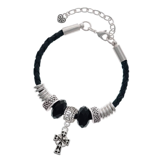 Delight Jewelry Silvertone Antiqued Celtic Cross Daughter Celtic Knot Leather Bead Bracelet, 7"+2" Extender