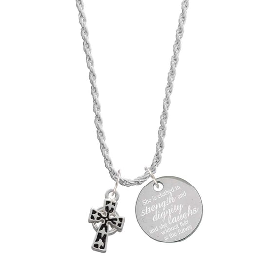 Delight Jewelry Silvertone Antiqued Celtic Cross She is Clothed in Stength and Dignity Charm Necklace, 20"+3"
