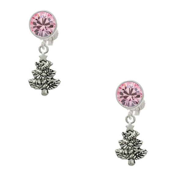 Delight Jewelry Silvertone Antiqued Christmas Tree Pink Crystal Clip on Earrings