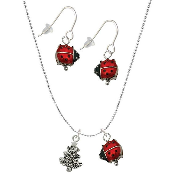 Delight Jewelry Silvertone Antiqued Christmas Tree Red Lucky Ladybug Necklace and Dangle Earrings Set