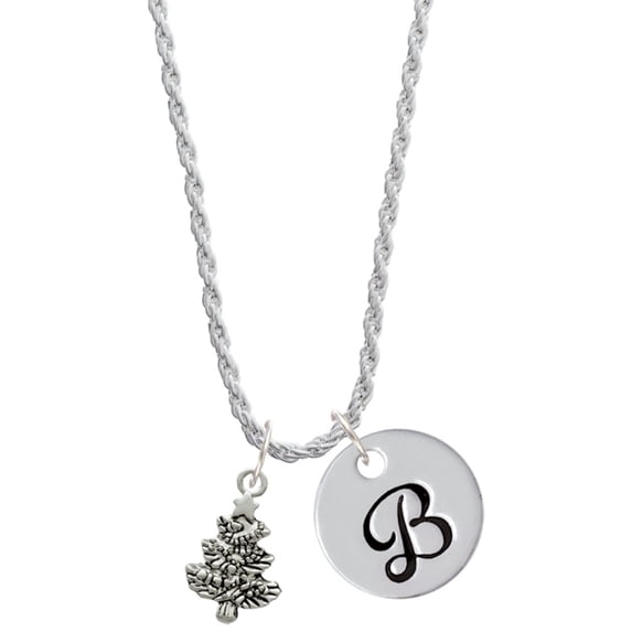 Delight Jewelry Silvertone Antiqued Christmas Tree Silvertone Script Initial Disc - B - Charm Necklace, 20"+3"