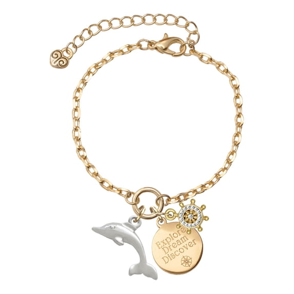 Delight Jewelry Silvertone Antiqued Dolphin Goldtone Discover Dream Explore Zoey Charm Bracelet, 6.5+2" Extender