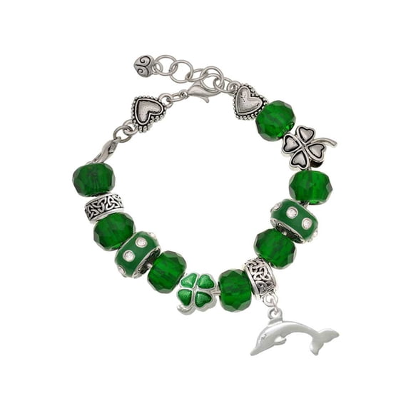 Delight Jewelry Silvertone Antiqued Dolphin - Green Irish Luck Bead Charm Bracelet, 7.5"