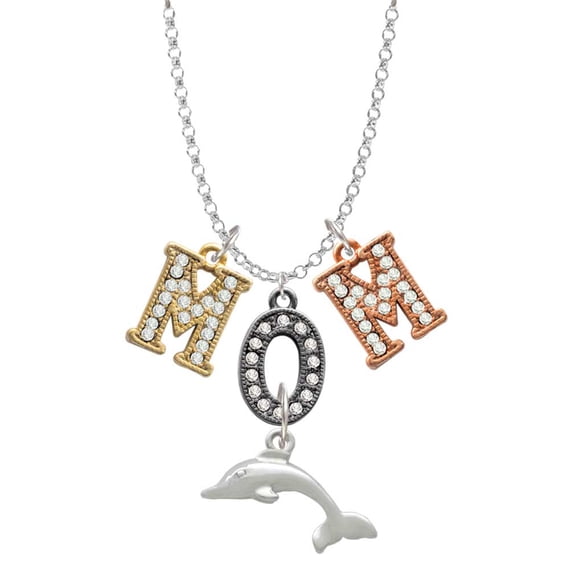Delight Jewelry Silvertone Antiqued Dolphin Multi-Colored Crystal Mom Charm Necklace