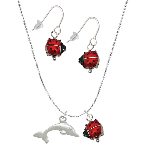 Delight Jewelry Silvertone Antiqued Dolphin Red Lucky Ladybug Necklace and Dangle Earrings Set