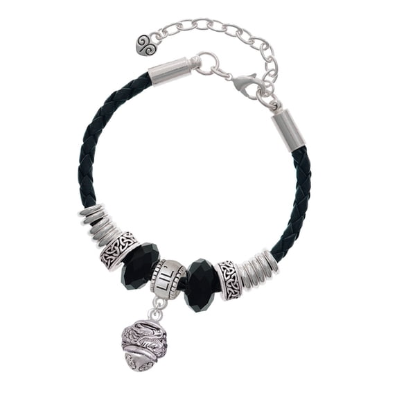 Delight Jewelry Silvertone Antiqued Dragon Spinner Lil Sister Celtic Knot Leather Bead Bracelet, 7"+2" Extender