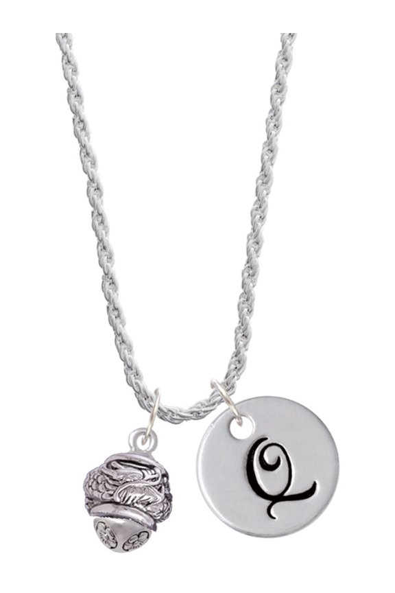 Silvertone Antiqued Dragon Spinner Silvertone Script Initial Disc - Q - Charm Necklace, 20"+3"