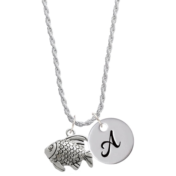 Delight Jewelry Silvertone Antiqued Fish Silvertone Script Initial Disc - A - Charm Necklace, 20"+3"
