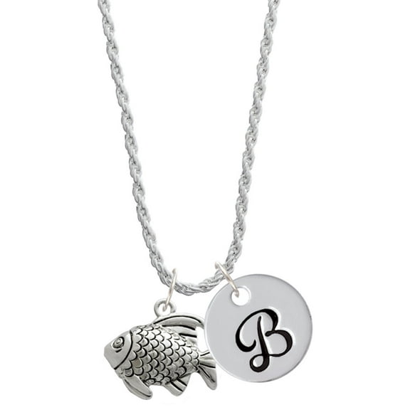 Delight Jewelry Silvertone Antiqued Fish Silvertone Script Initial Disc - B - Charm Necklace, 20"+3"