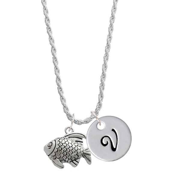 Delight Jewelry Silvertone Antiqued Fish Silvertone Script Initial Disc - V - Charm Necklace, 20"+3"
