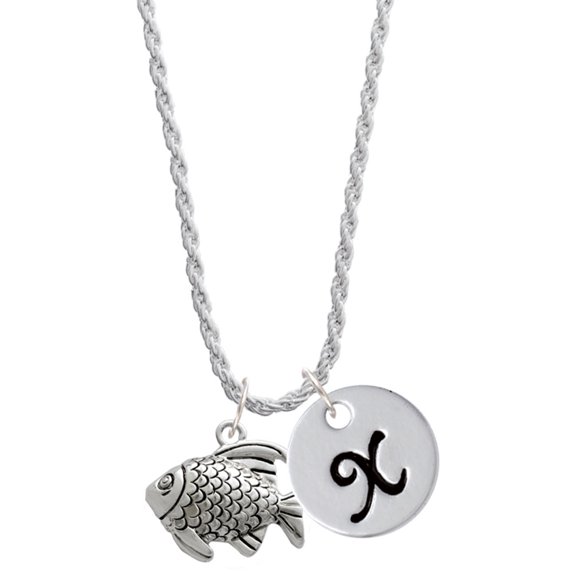 Delight Jewelry Silvertone Antiqued Fish Silvertone Script Initial Disc - X - Charm Necklace, 20"+3"