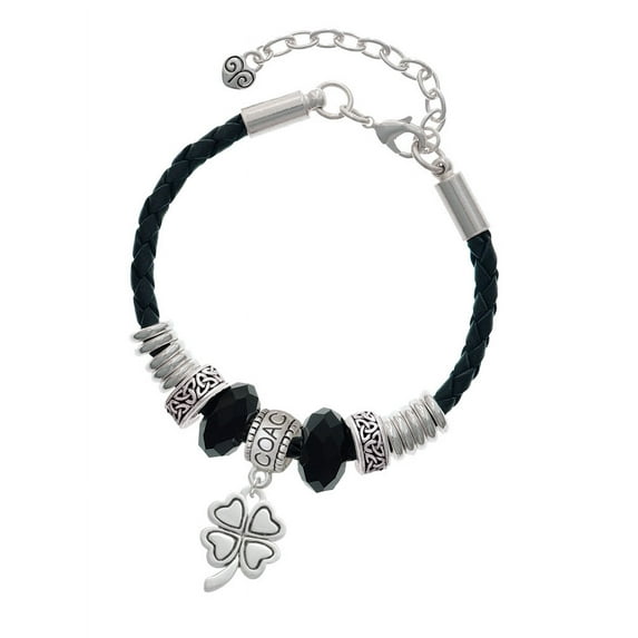 Delight Jewelry Silvertone Antiqued Four Leaf Clover Coach Celtic Knot Leather Bead Bracelet, 7"+2" Extender