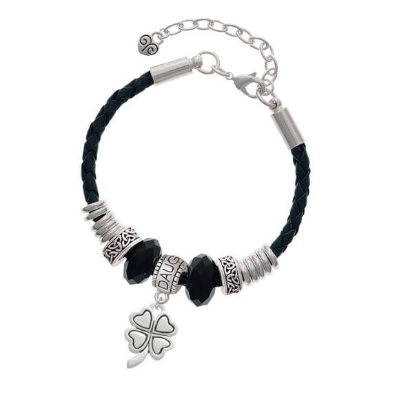 Delight Jewelry Silvertone Antiqued Four Leaf Clover Daughter Celtic Knot Leather Bead Bracelet, 7"+2" Extender