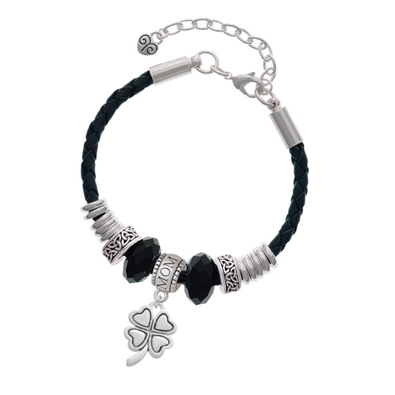 Delight Jewelry Silvertone Antiqued Four Leaf Clover Mom Celtic Knot Leather Bead Bracelet, 7"+2" Extender