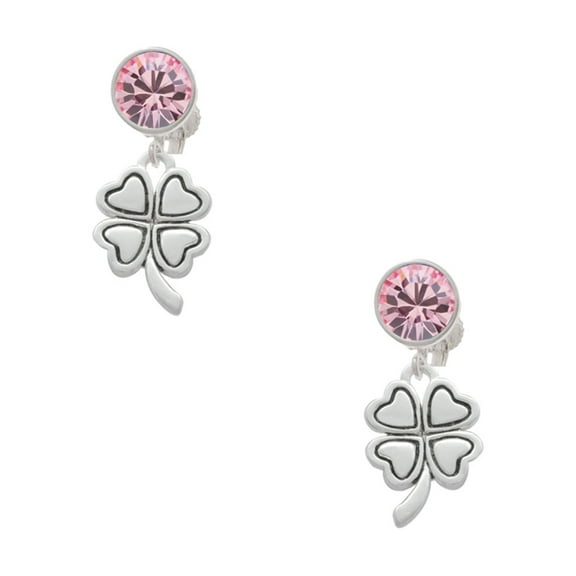 Delight Jewelry Silvertone Antiqued Four Leaf Clover Pink Crystal Clip on Earrings